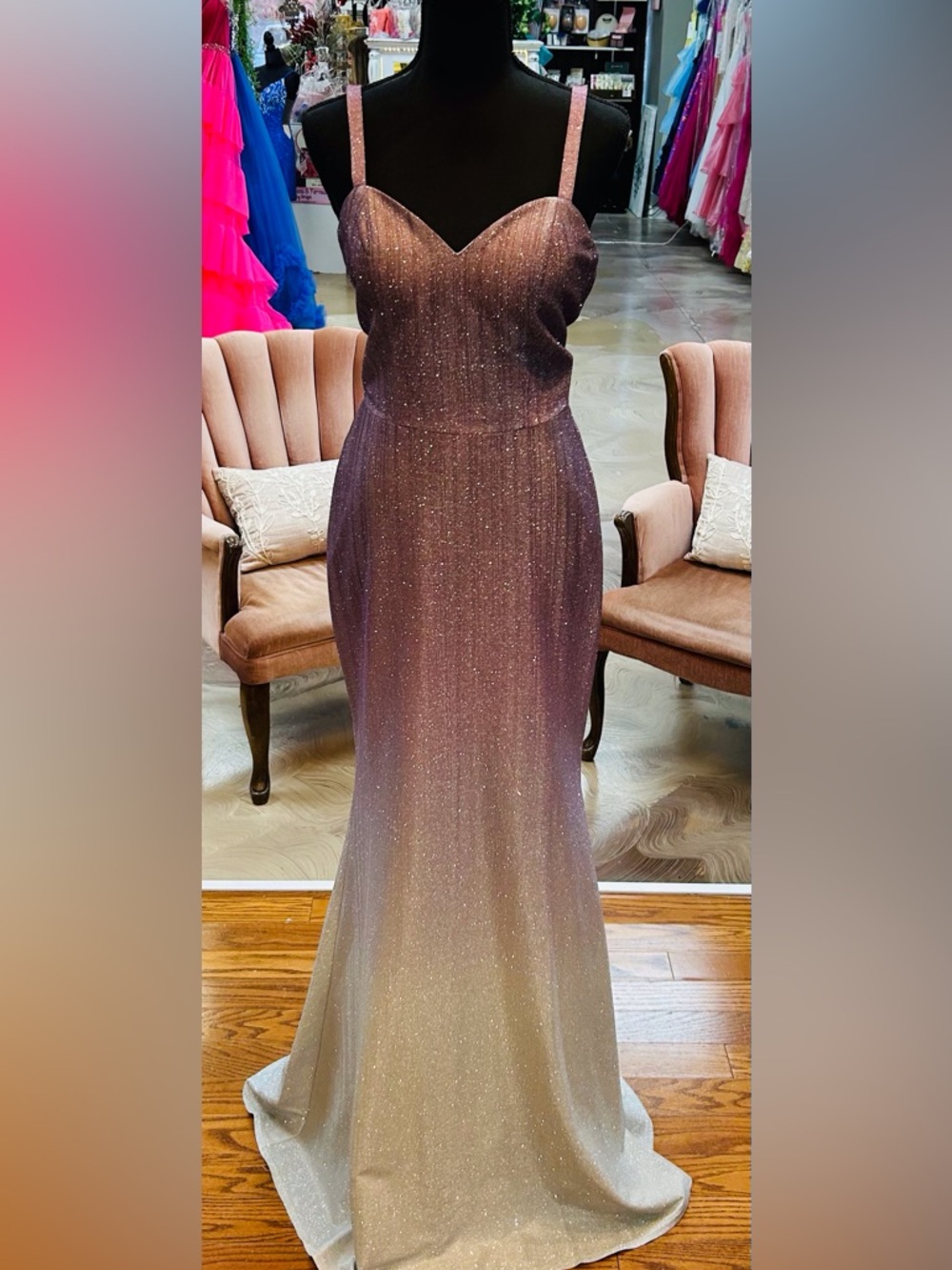 Glitter Ombre Maxi Dress with V-Neck Straps — Plum to Cream